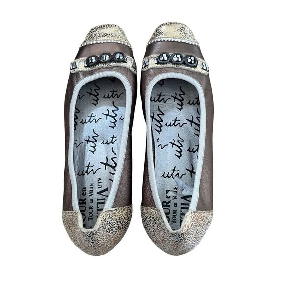 UTV Un Tour En Ville Metallic Bronze Toe Details Leather Ballet Flat Shoes - Picture 3 of 8